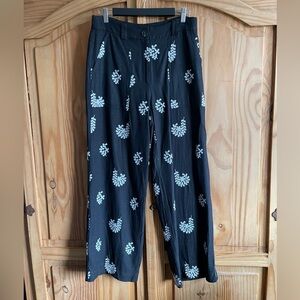 Elie Tahari Wide Leg Black Embroidered Linen Blend Pants Size 10